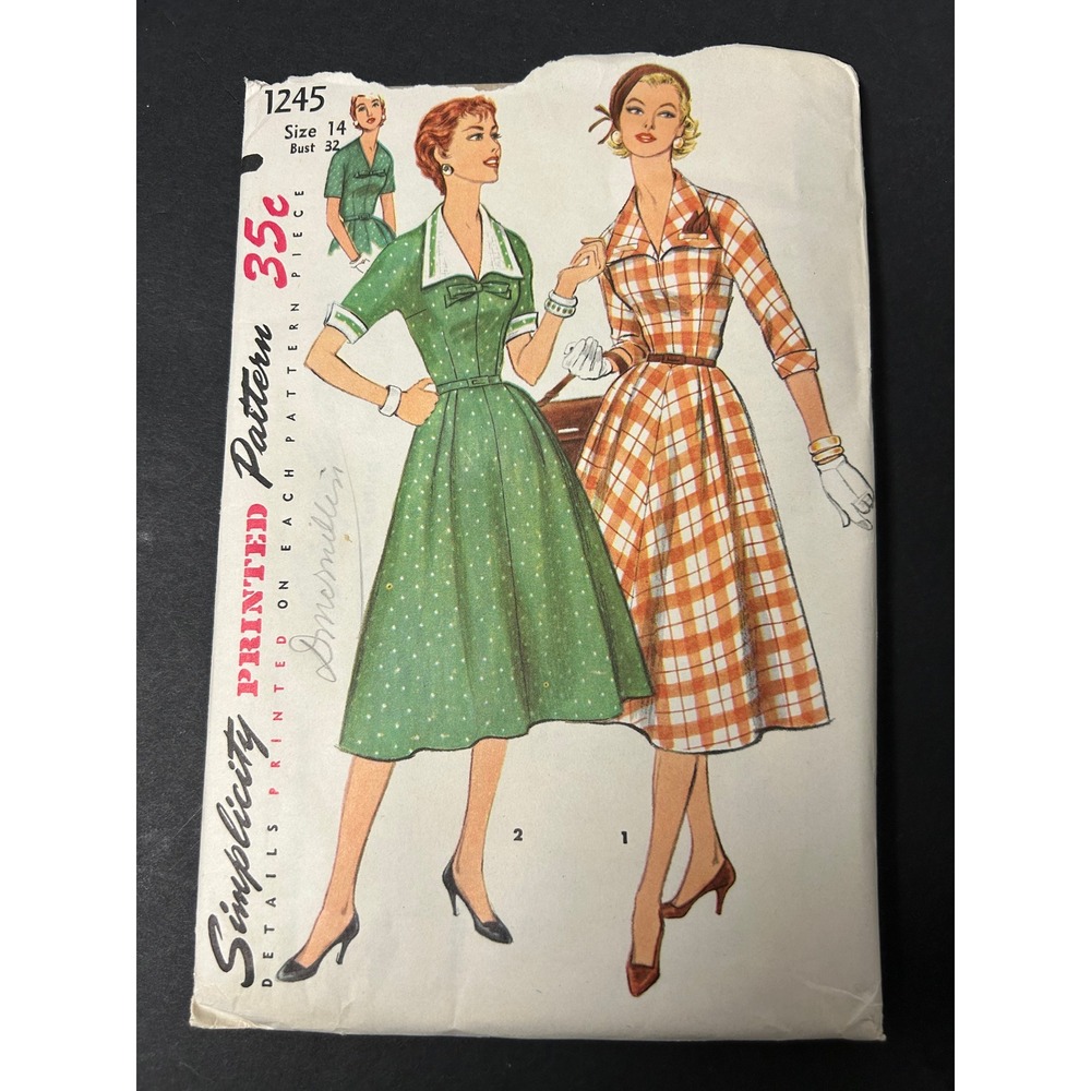 Vintage 1950s Simplicity Sewing Pattern 1245 Women Size 14 Dress Full Skirt